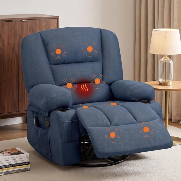 Oversized Recliner Chair, Extra Wide 360° Swivel Rocker Recliner with Massage & Heat, Nursery Glider Chair for Adults, Arm Storage, Side Pockets, 2 Cup Holders, Living Room & Bedroom,Blue