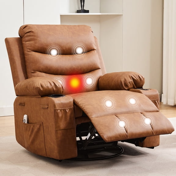 Oversized Recliner Chair for Living Room - Manual Rocking & 360° Swivel Glider - Massage & Heat - Cup Holder - Comfortable Accent Lounge Chair for Adults, Nursery, Bedroom