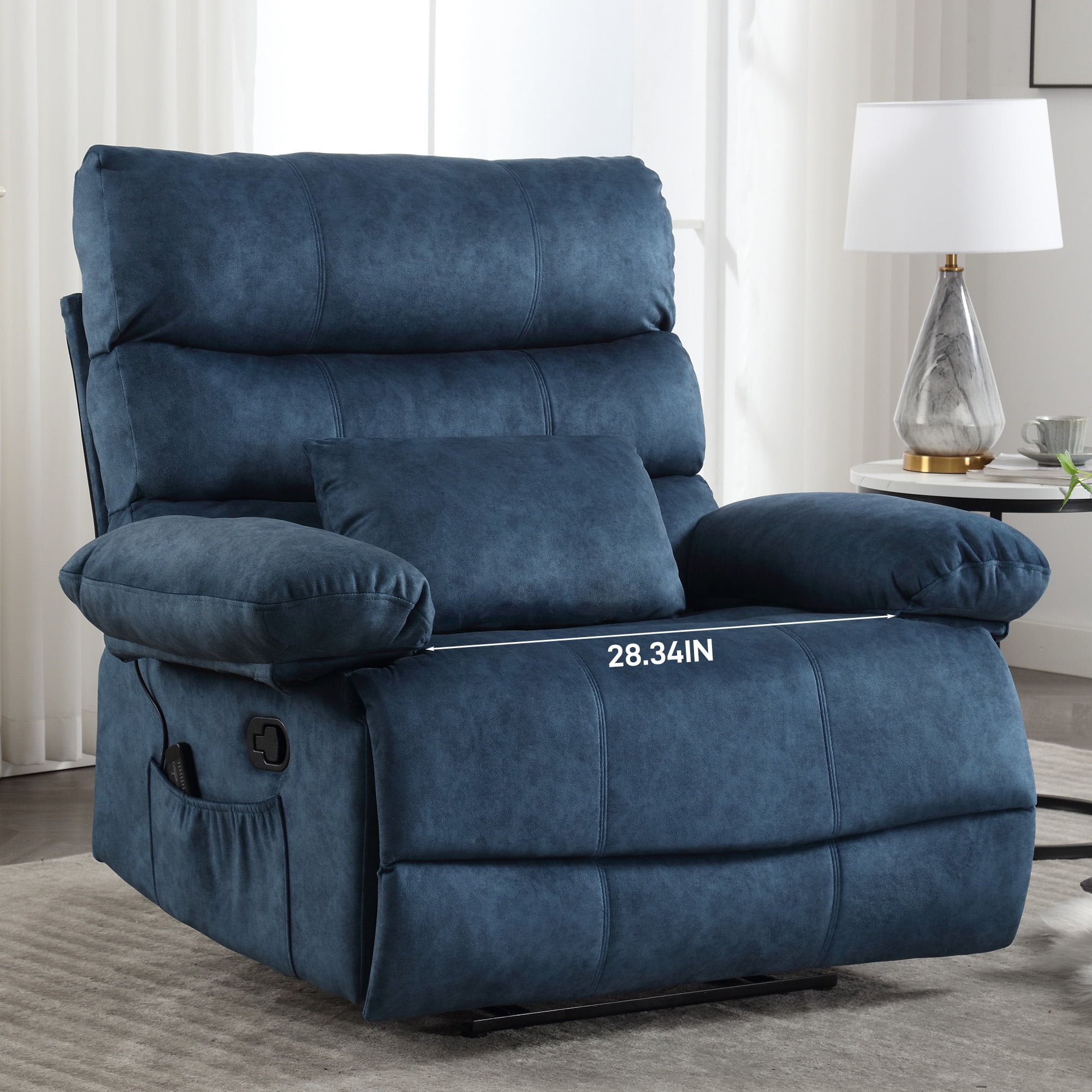 HOMYEDAMIC Oversized Recliner Chair Plus Size 28 inch Large Wide Seat Manual Flannel Recliner with Pockets Massage Pillow 350 lb Capacity for