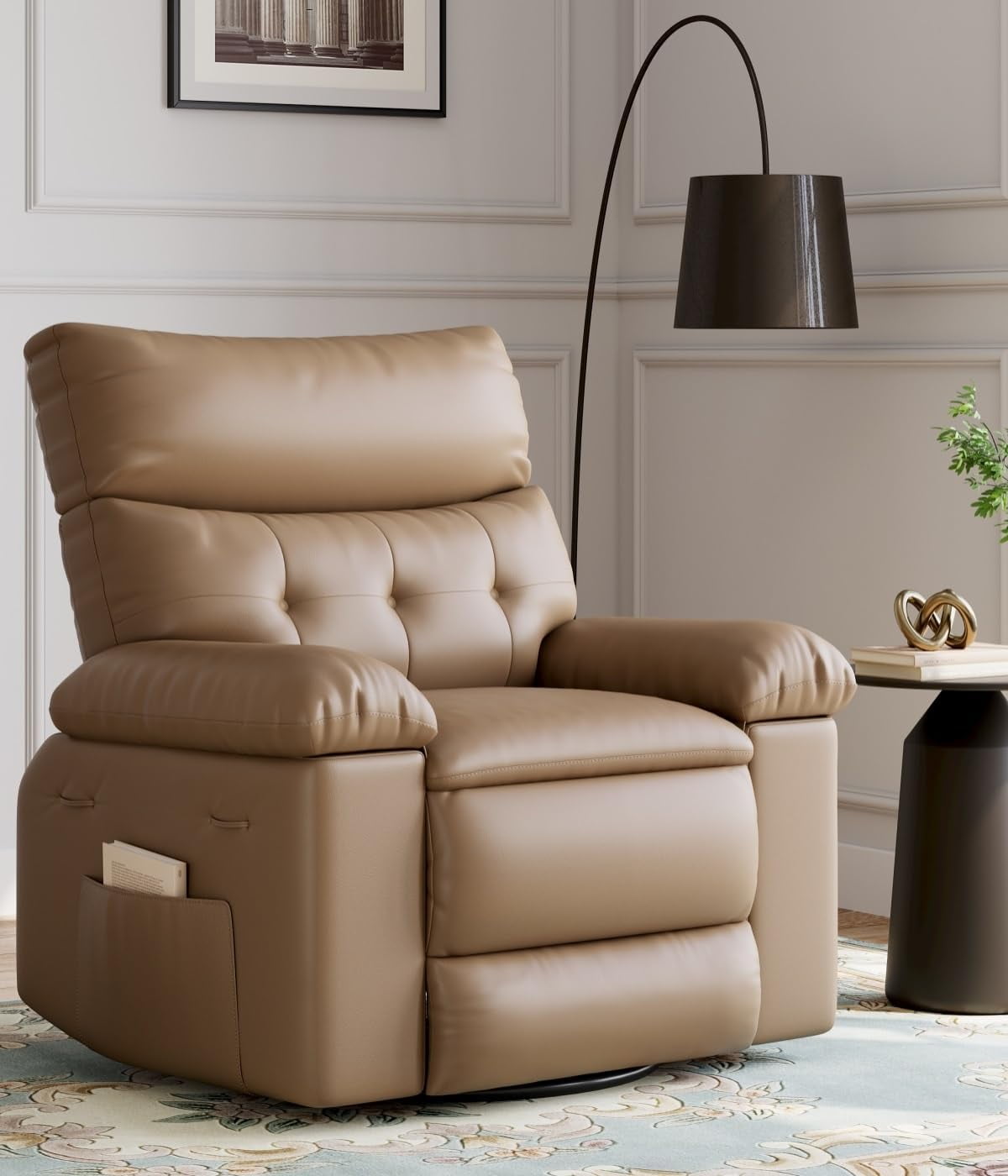 Oversized Recliner Chairs with Massage and Heat - 360° Swivel Lazy Rocking Chair for Adults with Remote Control for Living Rooms, Bedrooms and Nurseries - Tan