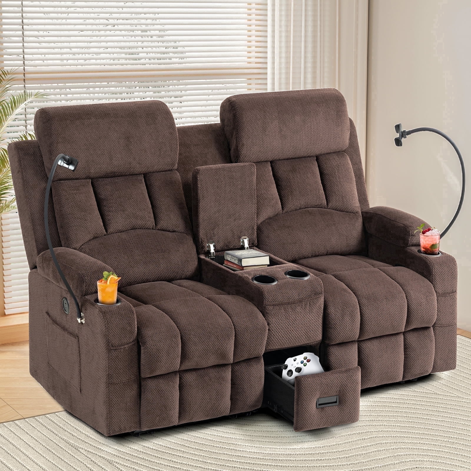 Oversized Reclining Loveseat Sofa with USB & Type-C Ports, Console Storage, Cup Holders, Adjustable Headrest, Brown