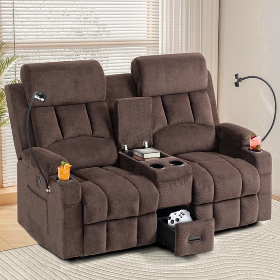 Oversized Reclining Loveseat Sofa with USB & Type-C Ports, Console Storage, Cup Holders, Adjustable Headrest, Brown