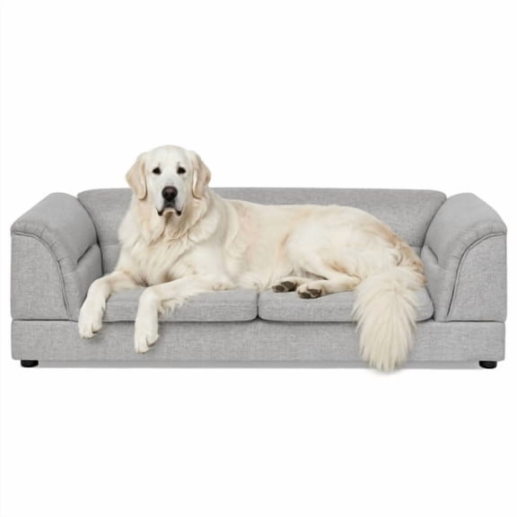 Oversized Rectangular Pet Sofa with Curved Armrest, Soft Linen Couch for Large Dogs & Cats, Light Gray
