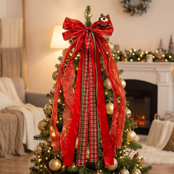 Oversized Red Gold Christmas Bow Pendant, Durable Wrinkle Resistant Large Statement Accent, Flexible Versatile Decor Piece for Front Door Tree Wall Seasonal Event Styling