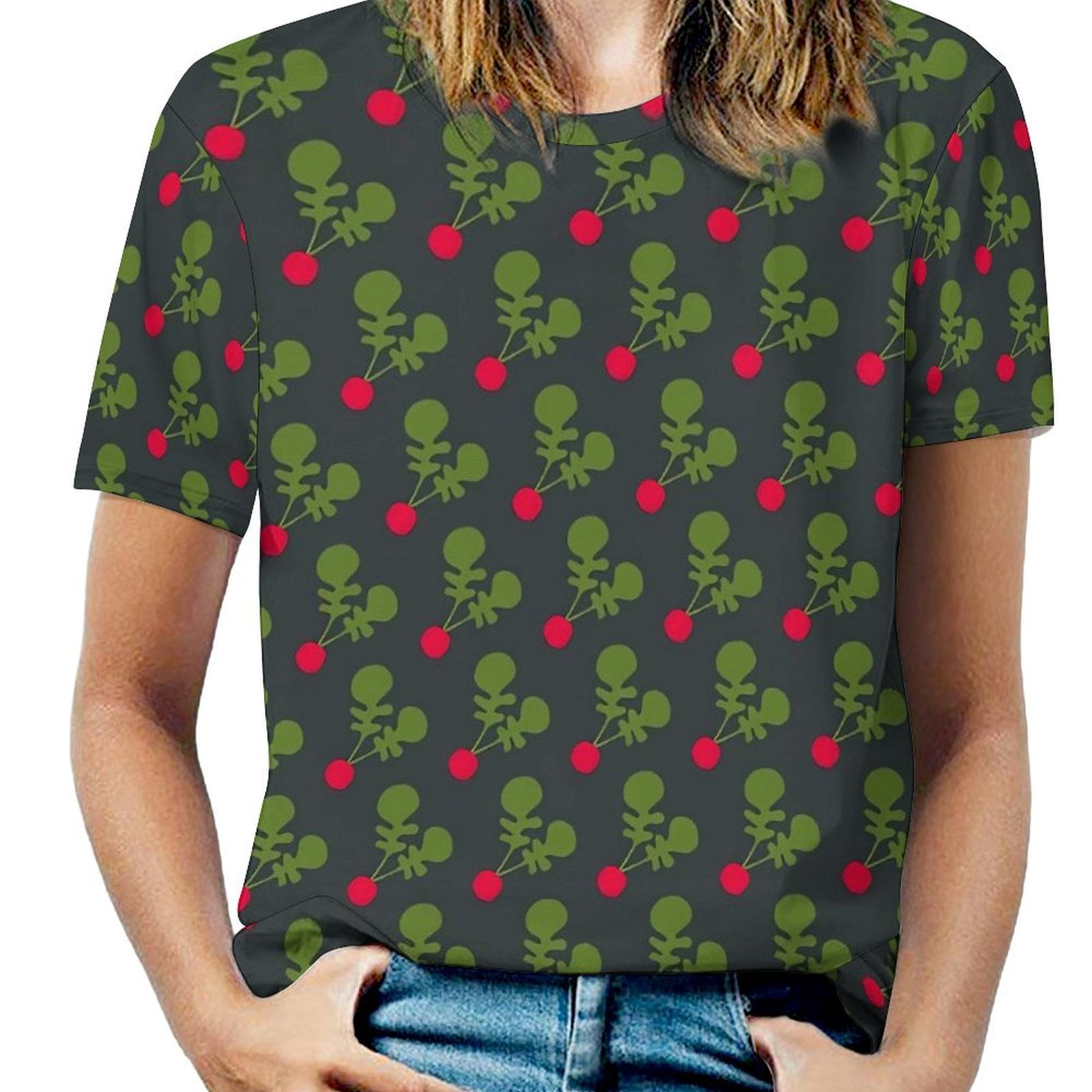 Organic Cartoon print v neck cotton Long Shirts red silhouette summer shirt