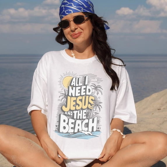 Oversized Retro Christian Beach T-Shirt – “All I Need Is Jesus and the Beach” Sunset Graphic Tee, Trendy Summer Faith Shirt
