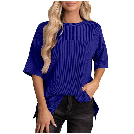 Oversized Ribbed Tops for Women Round Neck 3/4 Sleeve Trendy Casual Loose Fit Basic T-Shirts Pullovers Solid Blouses Blue,XXL