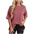 thumbnail image 1 of Oversized Ribbed Tops for Women Round Neck 3/4 Sleeve Trendy Casual Loose Fit Basic T-Shirts Pullovers Solid Blouses Hot Pink,2XL, 1 of 6