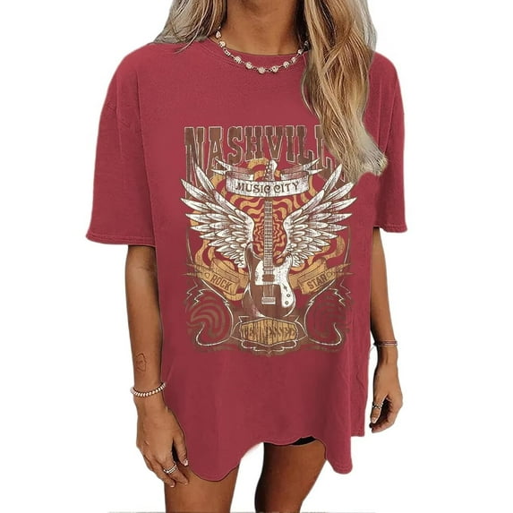 Oversized Rock Band T-Shirt Women Country Music Shirt Tops Nashville Music City Tshirt Vintage Guitar Wings Graphic Tees