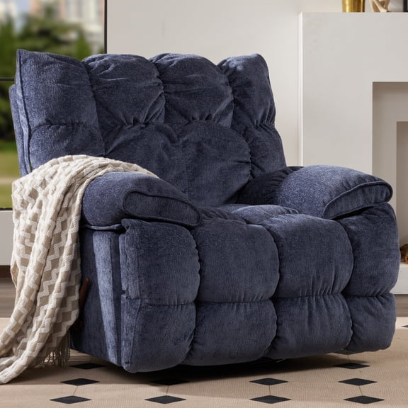 Oversized Rocker Recliner Chair, Manual Swivel Rocker Recliner for Living Room, Overstuffed Rocking Chair with Breathable Velvety Fabric, Soft Padded Headrest and Armrest, Darkblue