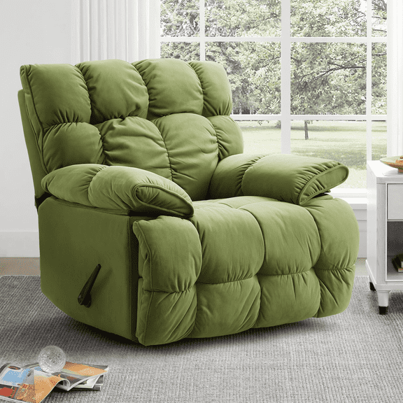 Oversized Rocker Recliner Chair, Manual Swivel Rocker Recliner for Living Room, Overstuffed Rocking Chair with Breathable Velvety Fabric, Soft Padded Headrest and Armrest, Green