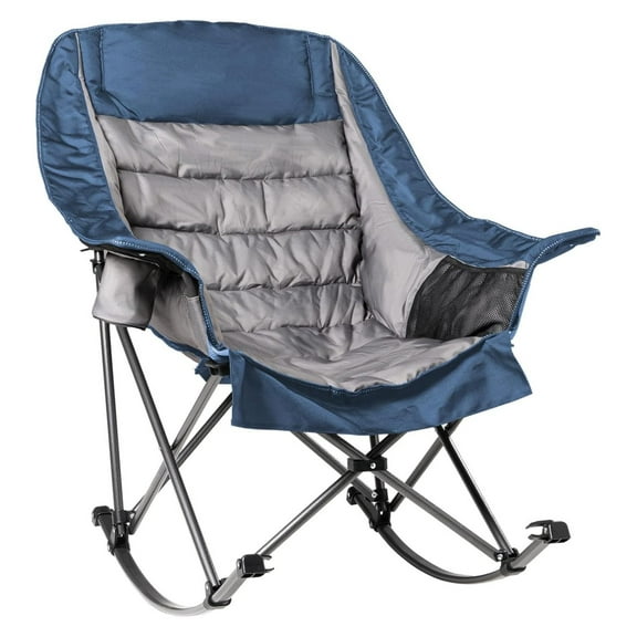 Oversized Rocking Camping Chair for Adults - 400lbs Capacity Padded Camp Chair with Cup Holder, Portable Foldable Outdoor Rocker Chair for Camping, Backyard, Patio (Blue & Gray)