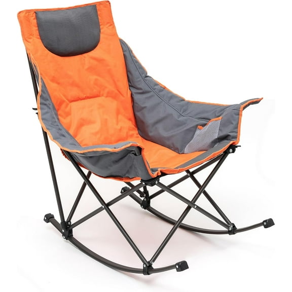 Oversized Rocking Camping Chair Fully Padded Patio Chair with Side Pocket High Back Portable Lawn Recliner with Headrest Outdoor Camp Rocker Chairs for Adults Heavy Duty 500 LBS