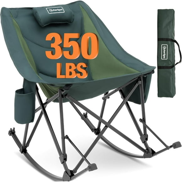 Oversized Rocking Camping Chair, Fully Padded Patio Chair with Side Pocket, High Back Portable Lawn Recliner with Headrest, Outdoor Camp Rocker Chairs for Adults Heavy Duty 350 LBS, Green