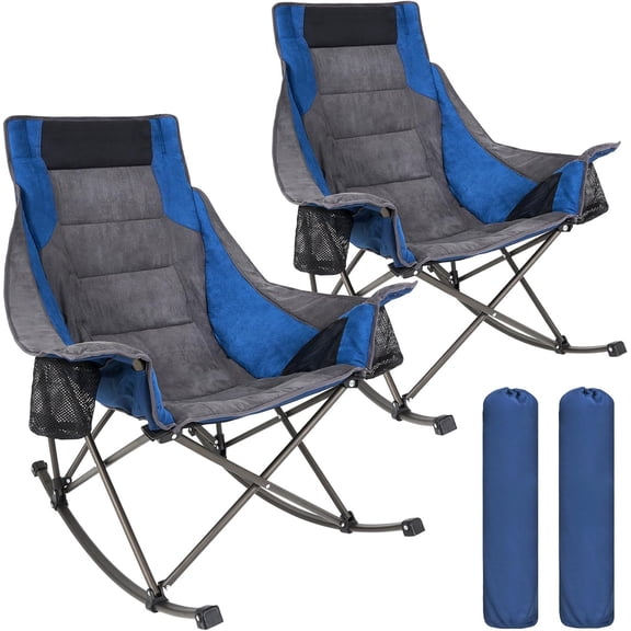 Oversized Rocking Camping Chair, Fully Padded Patio Chair with Side Pocket, High Back Portable Lawn Recliner with Headrest, Outdoor Camp Rocker Chairs for Adults Heavy Duty 500 LBS Carry Bag