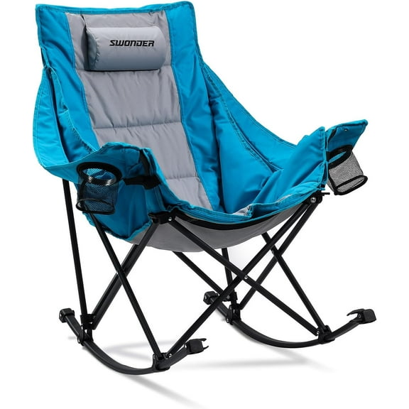 Oversized Rocking Camping Chair with Innovative 2-in-1 Removable Seat Cushion for All Seasons, Fully Padded Folding Outdoor Chair with Headrest and Carry Bag