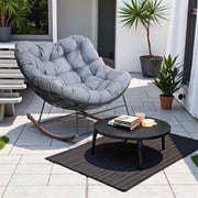 Oversized Rocking Chair, E-Coated Papasan Rocking Chair with Cushion, Outdoor Rocker Recliner Chair, Movie Chair, Livingroom Chair, Grey