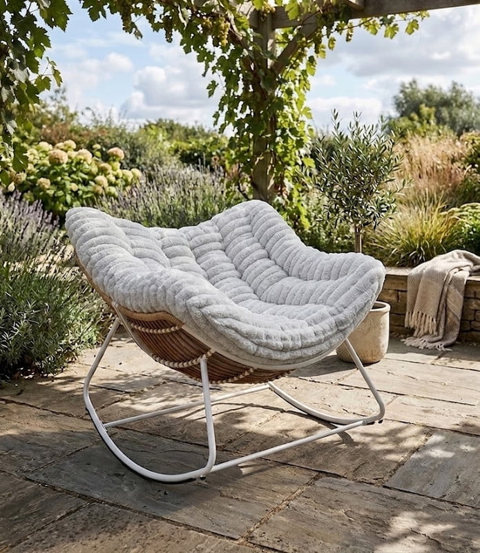 Oversized Rocking Chair, Indoor Outdoor Patio Wicker Rocker with Thick Cushion, Patio Lounge Chair Rocking Recliner