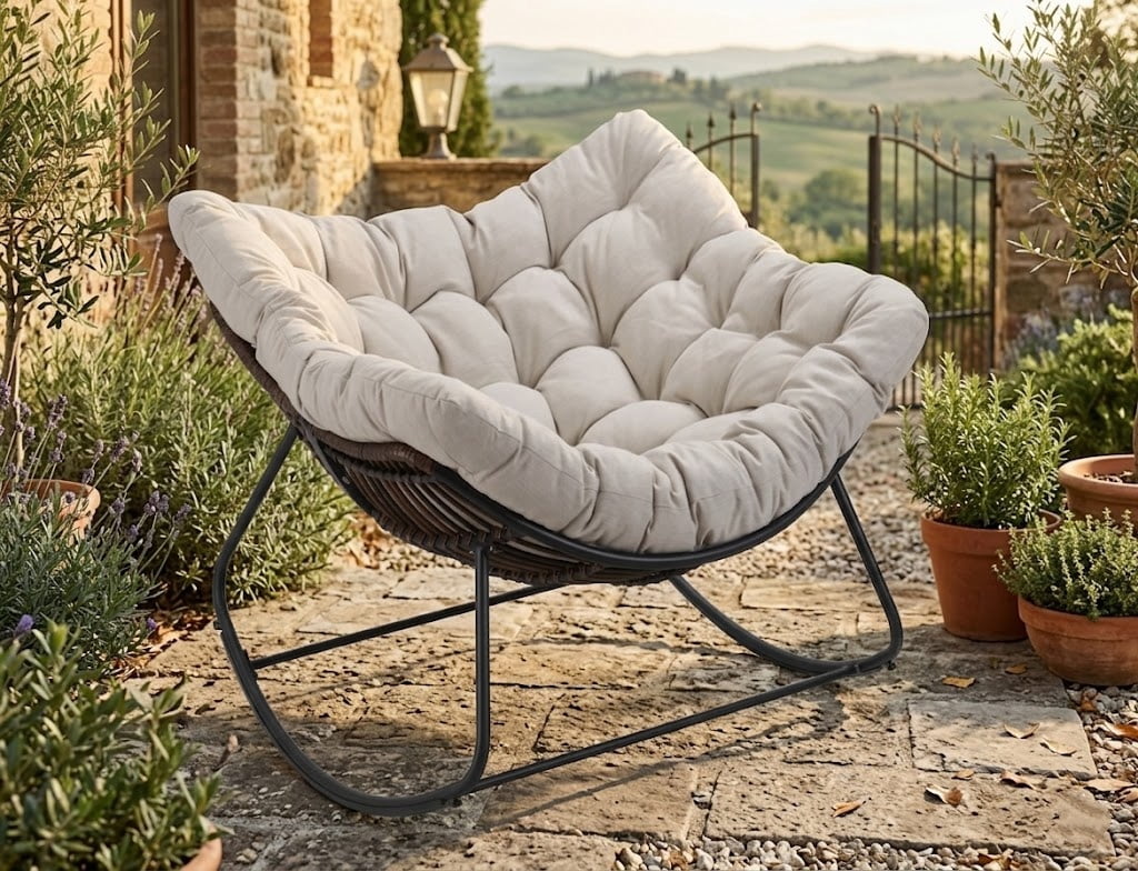 Oversized Rocking Chair, Indoor Outdoor Patio Wicker Rocker with Thick Cushion, Patio Lounge Chair Rocking Recliner