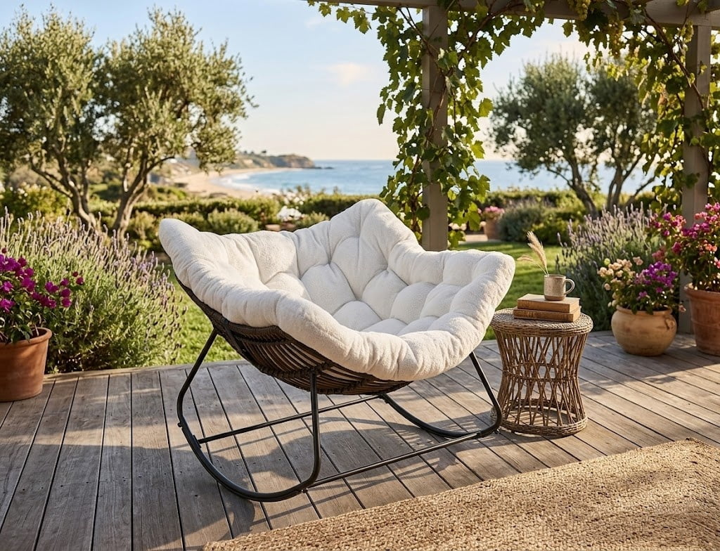 Oversized Rocking Chair, Indoor Outdoor Patio Wicker Rocker with Thick Cushion, Patio Lounge Chair Rocking Recliner