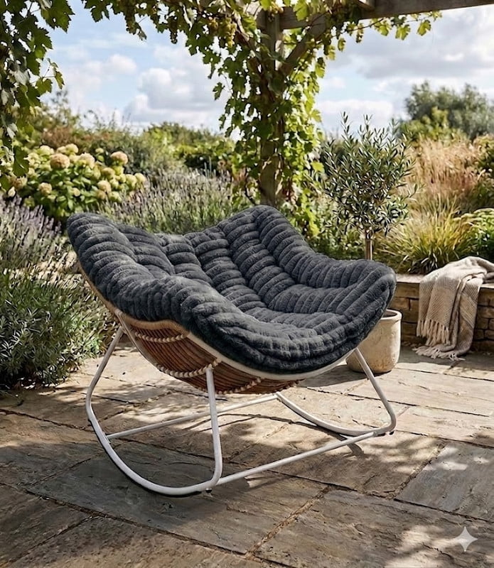 Oversized Rocking Chair, Indoor Outdoor Patio Wicker Rocker with Thick Cushion, Patio Lounge Chair Rocking Recliner