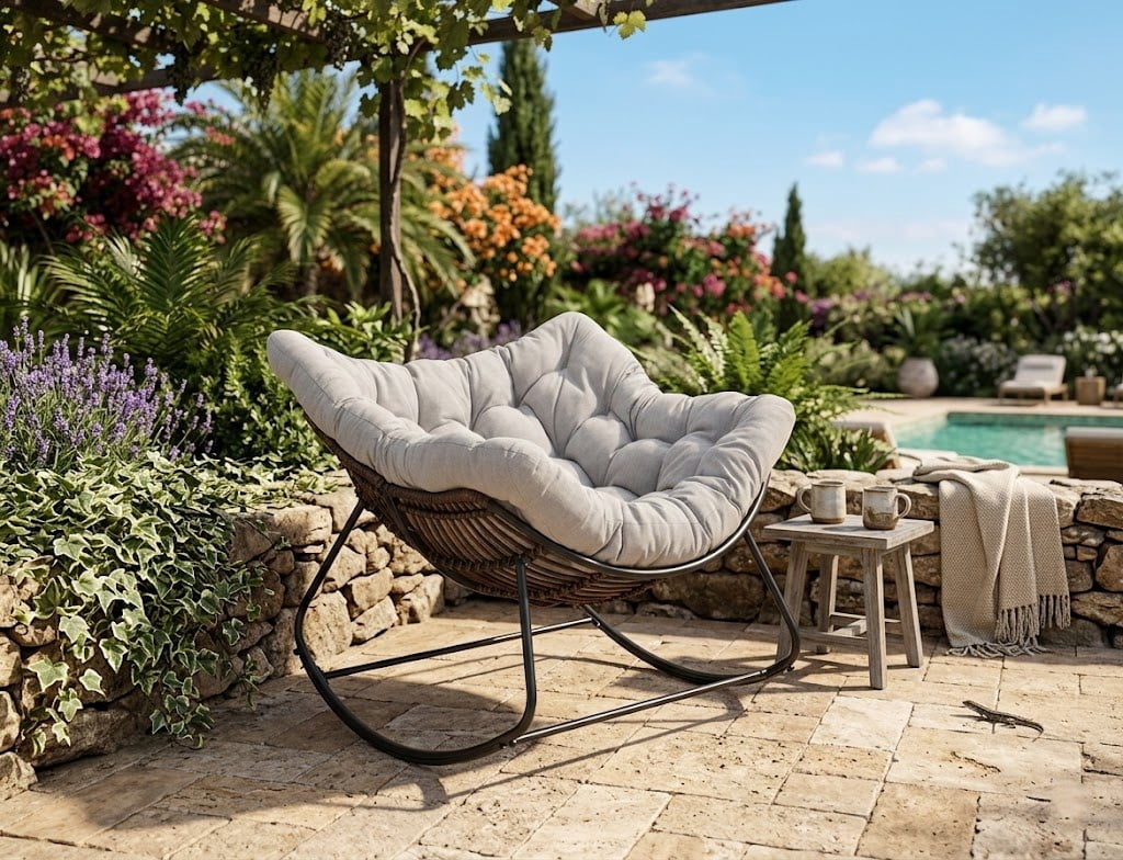 Oversized Rocking Chair, Indoor Outdoor Patio Wicker Rocker with Thick Cushion, Patio Lounge Chair Rocking Recliner