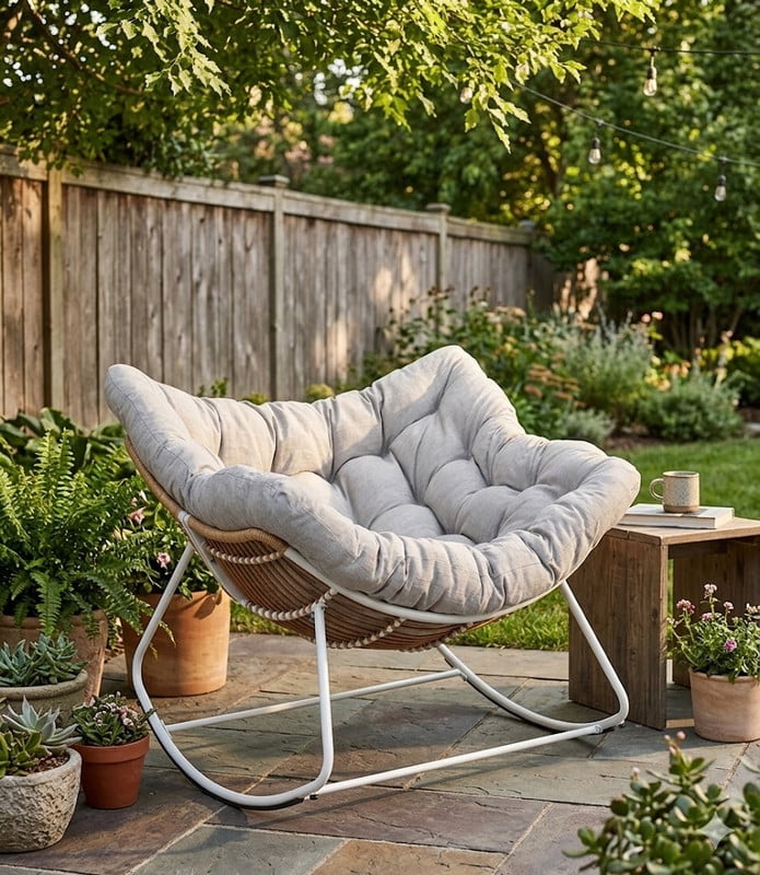 Oversized Rocking Chair, Indoor Outdoor Patio Wicker Rocker with Thick Cushion, Patio Lounge Chair Rocking Recliner
