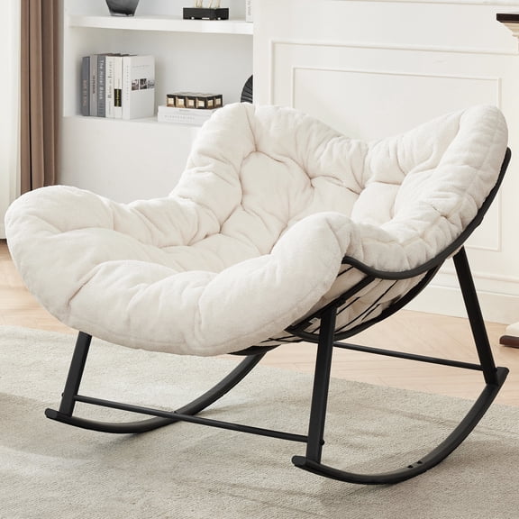 Oversized Rocking Chair Indoor, Papasan Rocking Chair Outdoor, Lounge Chair with Cushion, Patio Egg Rocker Chairs, Comfy Reading Chairs for Bedroom, Living Room, Garden, Lawn, White