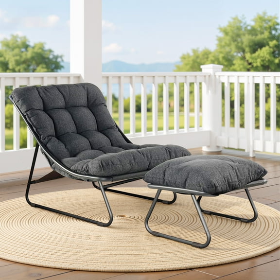 Oversized Rocking Chair with Footstool, Outdoor Indoor Comfy Reading Chairs Set with Cushion, Patio Rocker Recliner Chair, Grey