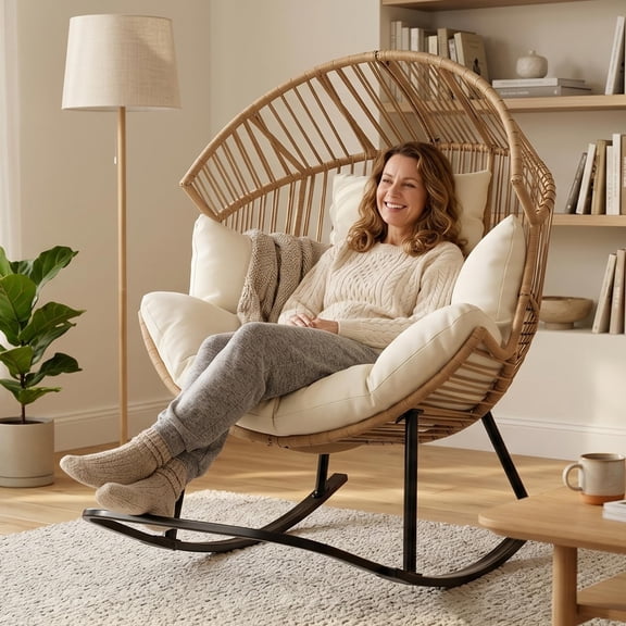 Oversized Rocking Egg Chair, Black Spray Plastic Rattan Lounger with Cream Thick Cushion & Pillow for Indoor Outdoor Relaxation