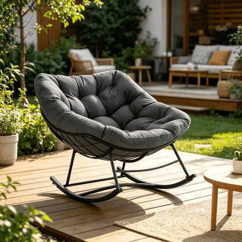 Oversized Rocking Papasan Chair with Thick Cushion, Rust-Resistant Metal Patio Rocker for Indoor & Outdoor, Heavy Duty 450lbs Capacity Lounge Chair, Gray