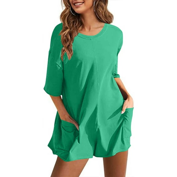 Oversized Romper Shorts for Women Reversible Summer Casual Short Sleeve One Piece Short Jumpsuit with Pockets (2XL, Green #A)