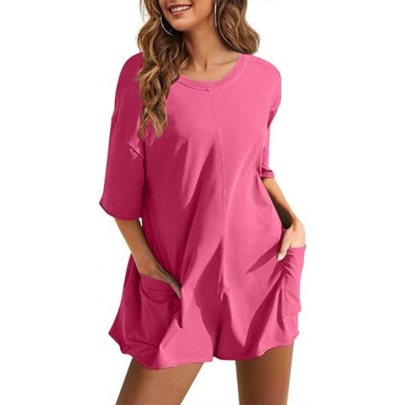 Oversized Romper Shorts for Women Reversible Summer Casual Short Sleeve One Piece Short Jumpsuit with Pockets (L, Hot Pink)
