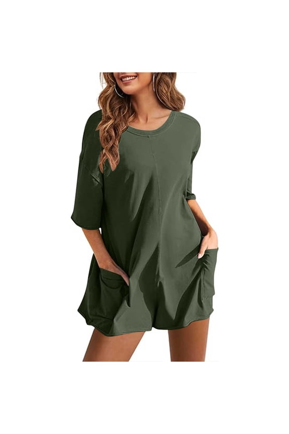 Oversized Romper Shorts for Women Reversible Summer Casual Short Sleeve One Piece Short Jumpsuit with Pockets (S, Army Green)