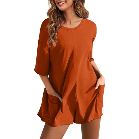 Oversized Romper Shorts for Women Reversible Summer Casual Short Sleeve One Piece Short Jumpsuit with Pockets (XL, Orange)