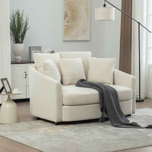 Oversized Round Accent Cuddle Chaise with 5 Throw Pillows, Cozy Chenille Barrel Lounger Chair, Deep Seat Reading Armchair for Living Room Bedroom Office Lounge, Beige