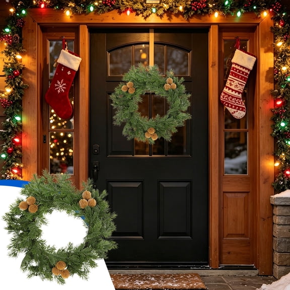 Oversized Round Artificial Green Leaf Front Door Wreath, Easy Wipe Clean Resilient Pre-Assembled Hanging Decor, Large Focal Embellishment for Entryway Window Holiday Display