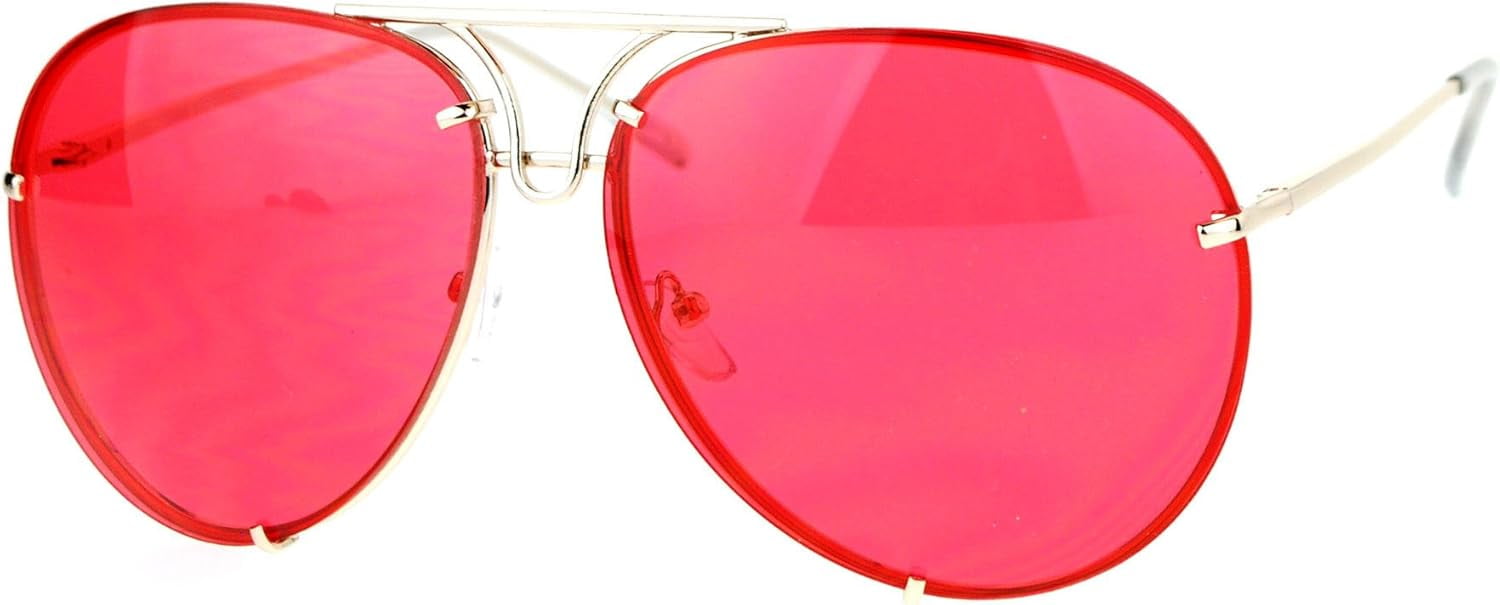 Oversized Round Aviator Sunglasses - Metal Rims, Behind Color Lens, Spring Hinge, 100% UV 400 Protection