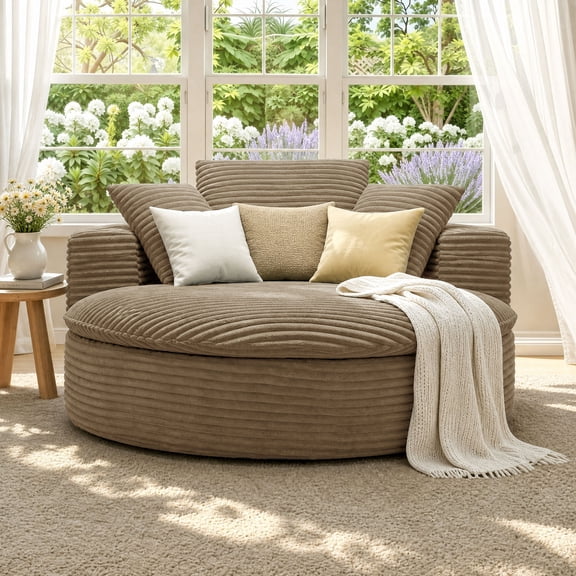 Oversized Round Chaise Longue Chair Indoor, 49“Upholstered Corduroy Deep Seat Circle Single Cloud Lounge Floor Sofa Chair for Living Room, Bedroom Apartment