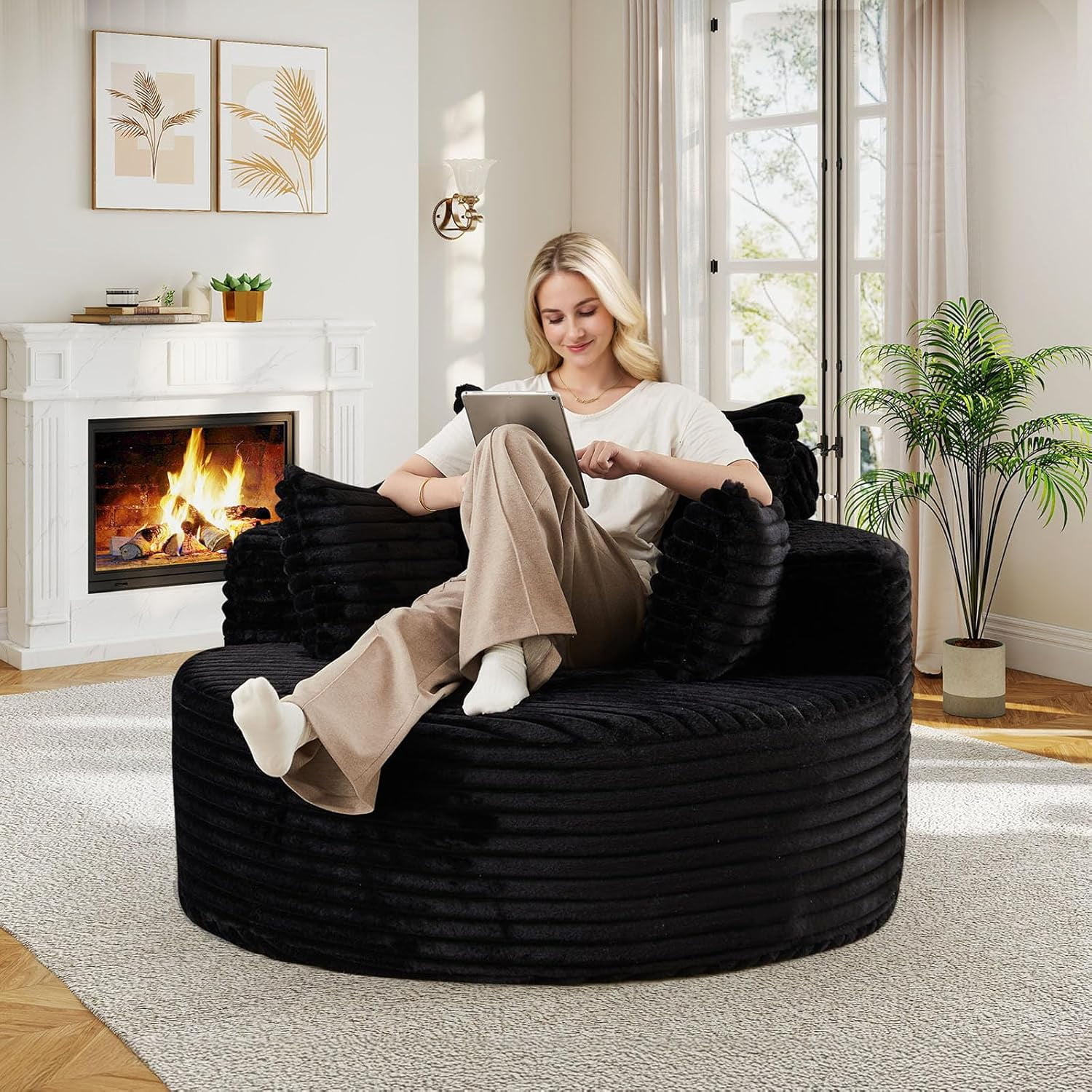 Oversized Round Chaise Lounge Chair Indoor, Upholstered Corduroy Deep ...