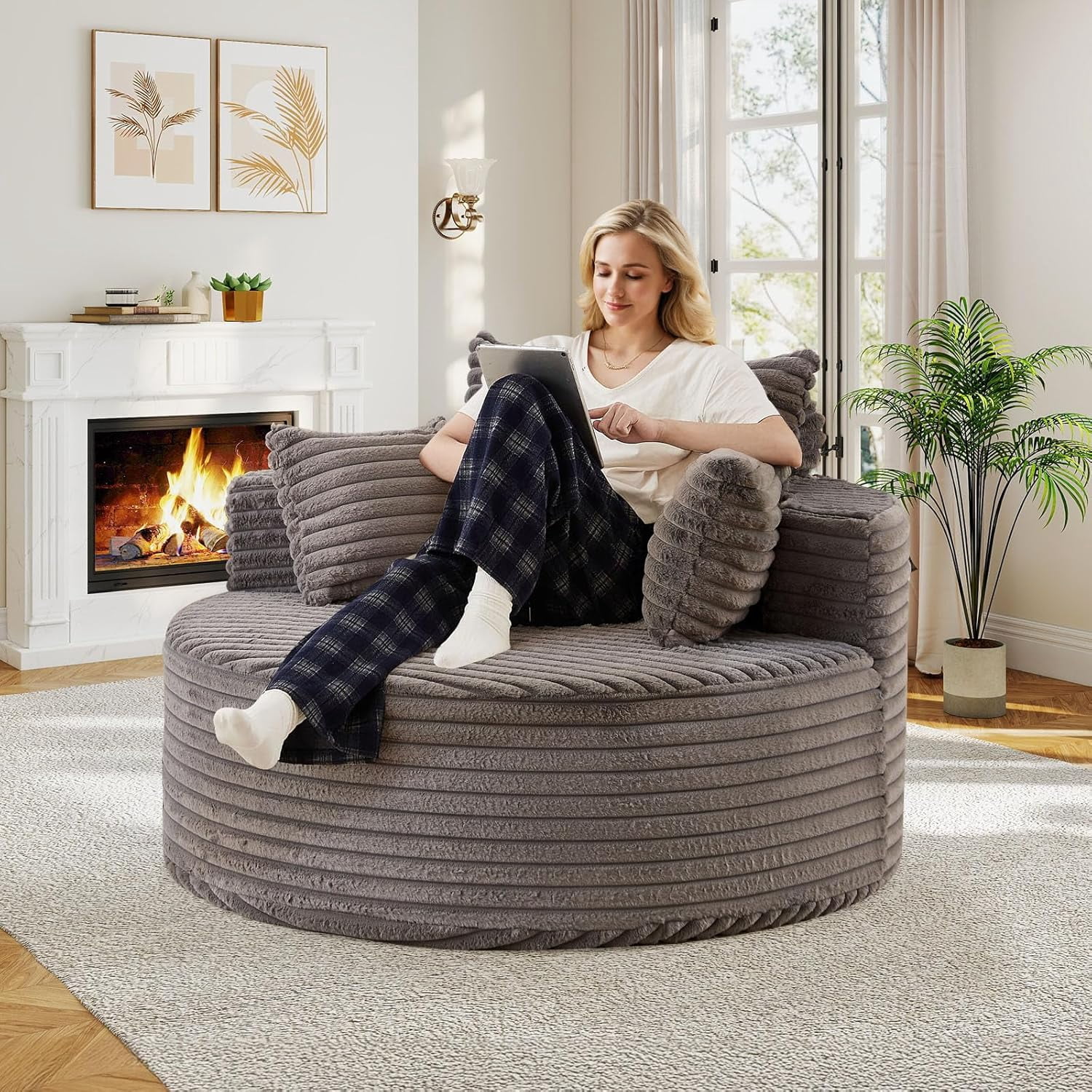 Oversized Round Chaise Lounge Chair Indoor, Upholstered Corduroy Deep ...