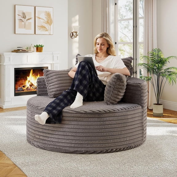 Oversized Round Chaise Lounge Chair Indoor, Upholstered Corduroy Deep Seat Cloud Circle Sofa Chair, Modern Fluffy Comfy Floor Reading Armchair for Living Room, Bedroom, No Assembly Required, Grey