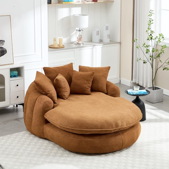 Oversized Round Chaise Lounge, Fluffy Lazy Bean Bag Sofa with 5 Pillows, Comfy Chenille Upholstered Barrel Sleeper Bed, Modern Deep Seat Cloud Couch for Living Room