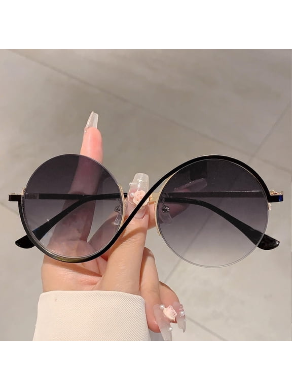 Oversized Round Frame Sunglasses Retro Trendy Half-Frame Sun Glasses Women Travel Eyewear Outdoor Travel UV400 Eyewear Shades