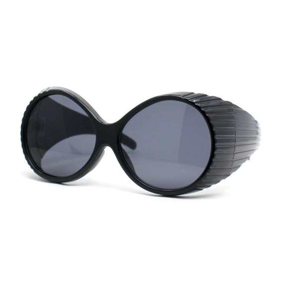 Oversized Round Goggle Style Thick Temple Plastic Dimensional Plastic Sunglasses All Black