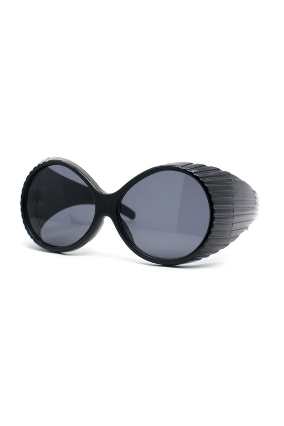 Oversized Round Goggle Style Thick Temple Plastic Dimensional Plastic Sunglasses All Black