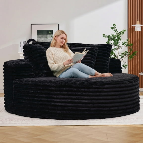 Oversized Round Lazy Sofa, 62.9 Inch Diameter Giant Fluffy Rabbit Plush Lounge Couch with Removable Washable Throw Pillows, Compressed Shipment Circular Bean Bag Chair for Living Room Bedroom