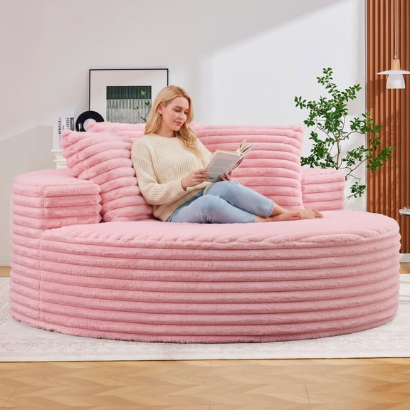 Oversized Round Lazy Sofa, 62.9 Inch Diameter Giant Fluffy Rabbit Plush Lounge Couch with Removable Washable Throw Pillows, Compressed Shipment Circular Bean Bag Chair for Living Room Bedroom