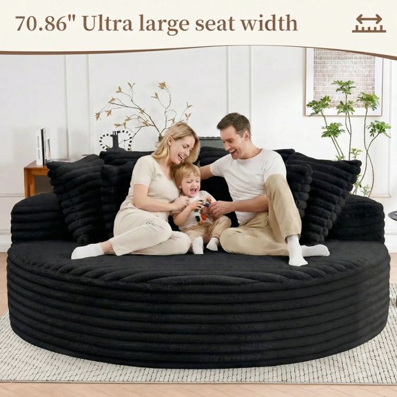 Oversized Round Lazy Sofa, 71 Inch Diameter Giant Fluffy Rabbit Plush Lounge Couch with Removable Washable Throw Pillows, Compressed Shipment Circular Bean Bag Chair for Living Room Bedroom