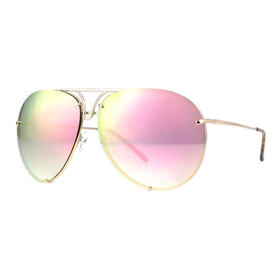 Oversized Round Pilot Sunglasses Metal Spring Hinge Gold, Pink Mirror Lens